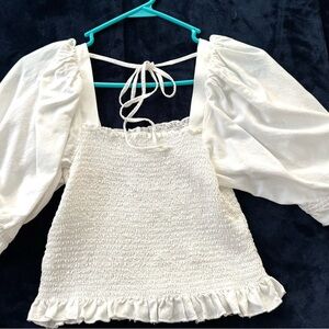 H&M White Puff Sleeve Smocked Blouse